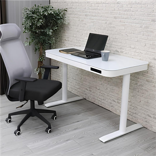 【電動昇降】クリスタルスマートデスク - 幅120cm ガラス天板 & 引き出し付 (White)